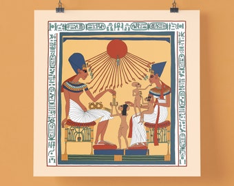 Ancient Egyptian Reproduction Unframed Art Print - King Akhenaten, Queen Nefertiti and Family Worshipping the Sun God Aten, Amarna Art