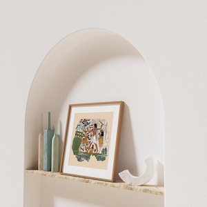 May include: A framed print of an ancient Egyptian scene depicting a man with a staff and a woman with a basket. The scene is painted in a colorful style with a light brown background.