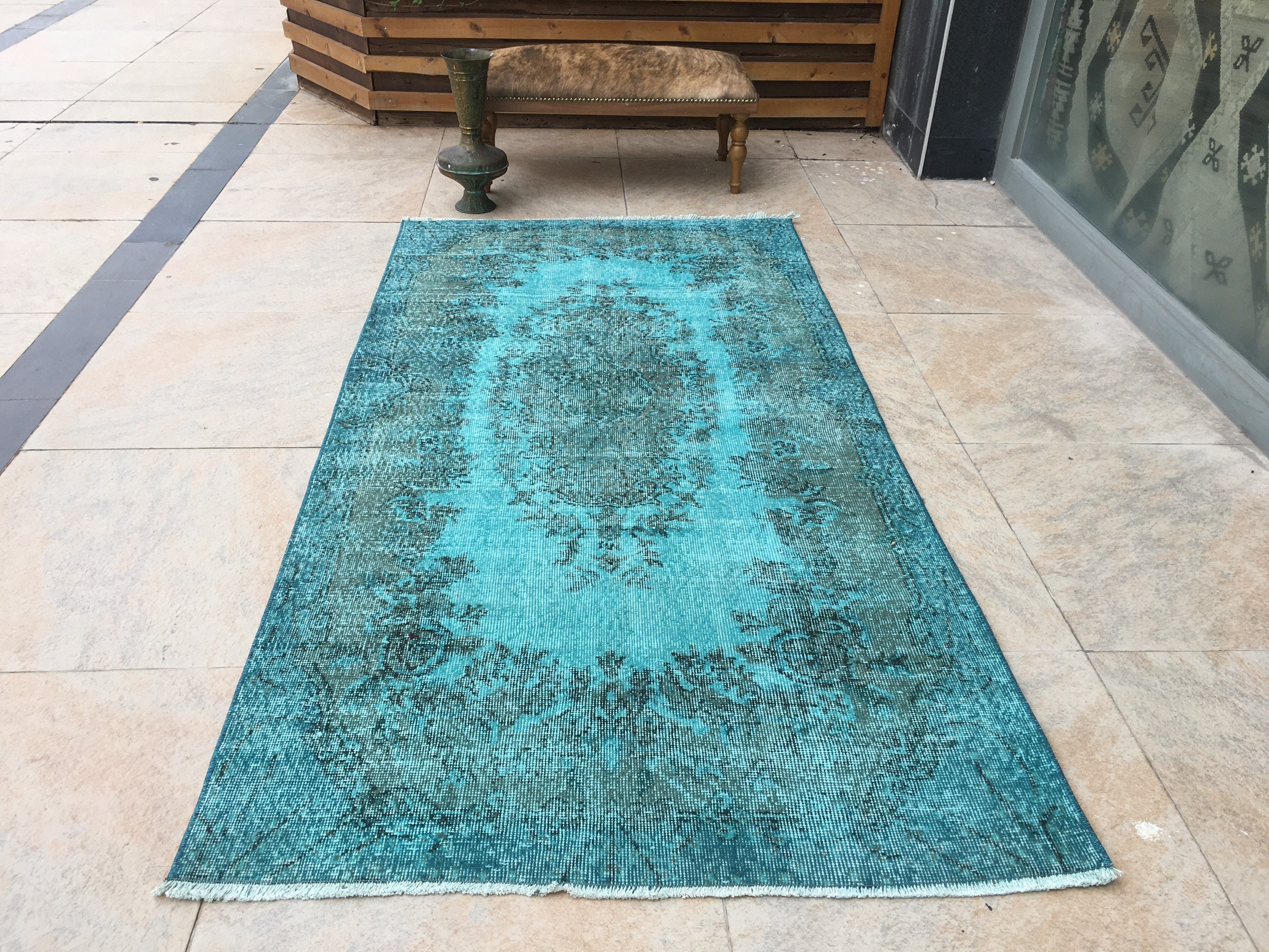 Turquoise Overdyed Rug Runner Rug Turkish Large Rug Etsy