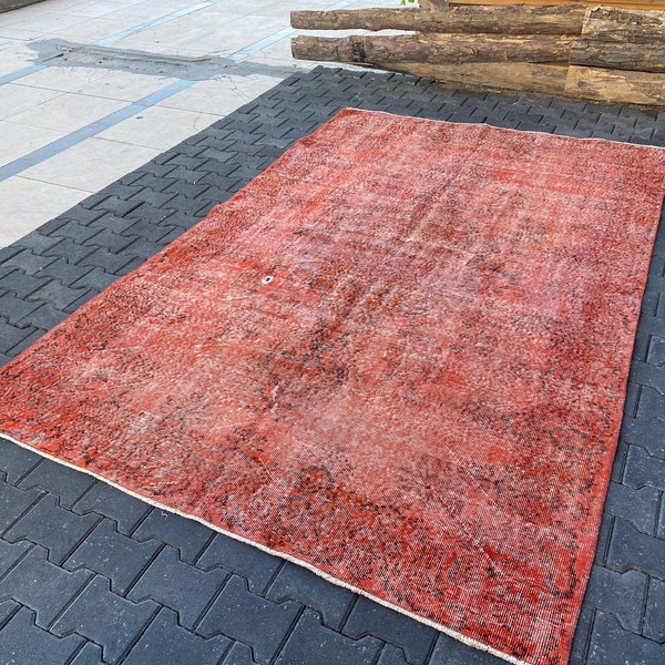 Alfombra sobreestida, Alfombra turca, Alfombra grande, 6.2x9.7ft, Alfombra vintage, Alfombra de la sala de estar, Alfombra hecha a mano, Alfombra grande sobreestirada, Alfombra naranja sobredañada,