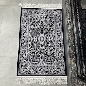 Luxus Seidenteppich, 2x3 Teppich, Mini Seidenteppich, Boho Teppich, Seidenteppich, Bambus Seidenteppich, Hochwertiger Seidenteppich, Fußmatte, Grau Schwarzer Blumenteppich,