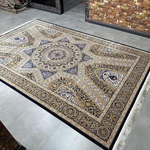 Einzigartiger Seidenteppich, Wohnzimmerteppich, Bambusteppich, Luxusteppich, 200x300, Türkischer Seidenteppich, Goldblauer Teppich