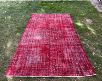 121×205 レッドオーバーダイ ワンカラーラグ トルコヴィンテージラグ