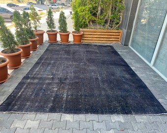9,2x12,8 ft oversize vintage overdyed Turks zwart tapijt, groot overdyed zwart Oushak tapijt, zwart Turks gebiedsdeken, zwart handgemaakt tapijt