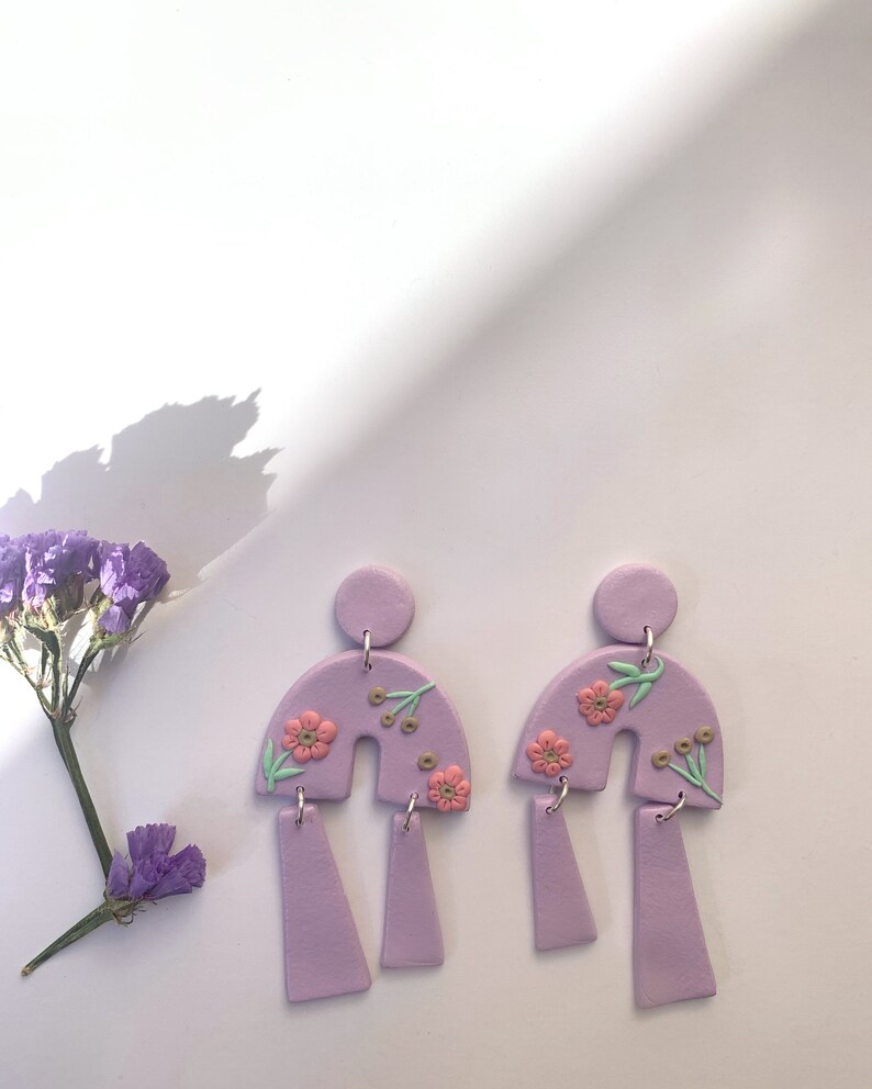 Clay Lavender Earrings Polymer Clay Floral Dangles Purple Earrings Statement Earrings Flowers Spring Flowers Handmade Earrings