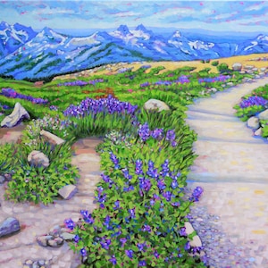 May include: A winding dirt path leads through a field of purple wildflowers, with a mountain range in the background. The path is lined with rocks and the wildflowers are in full bloom.