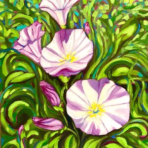 May include: An original painting of white and purple morning glory flowers with yellow centers, surrounded by green leaves and vines. The artwork is a close-up view of the flowers, with a vibrant and colorful palette.
