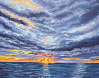 May include: An oil painting depicts a sunset over the ocean. The sky is filled with dark, textured clouds, with hints of orange and yellow where the sun is setting. The ocean is a deep blue, with the sun's reflection creating a shimmering path.