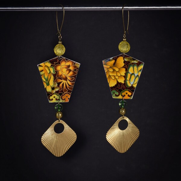 Gilded Lotus Tin Snip Dangle Luxe Earrings with Gold Plate and Vintage Restored Yellow Rose Jewel Beads