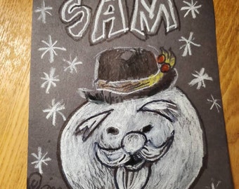 Sam the snowman 9 x 7" drawing by Rick Goldschmidt on colored paper!