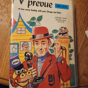 May include: A vintage TV guide cover featuring a cartoon character on the phone. The cover is red, yellow, and blue with the text "TV prevue" and "Free every Sunday with your Chicago Sun-Times".