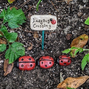 Ladybug Crossing, 3 Ladybugs plus Sign, Ceramic Ladybugs, Handmade Ladybugs, Yard Art, Fairy Garden Art, Garden Art, Handmade Sign, OOAK,