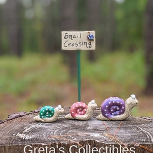 Snail Crossing, 3 Snails plus Sign, Ceramic Snails, Handmade Snails, Yard Art, Fairy Garden Art, reserved for Kathleen finn