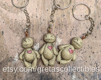 Voodoo Doll Keychain, OOAK, Ceramic Voodoo Doll, Handmade Pendent, Clay Voodoo Doll, Clay Keychain, Pink Heart, Button Eye, Stitched Mouth