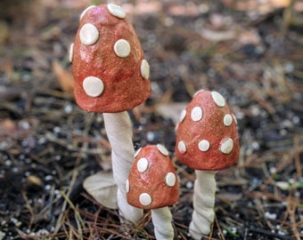 3 Ceramic Mushrooms, Garden Art, Handmade, High Fired, OOAK, Fairy Garden, Stoneware, Cold Glazed, Red Mushrooms, Fly agaric Fungi