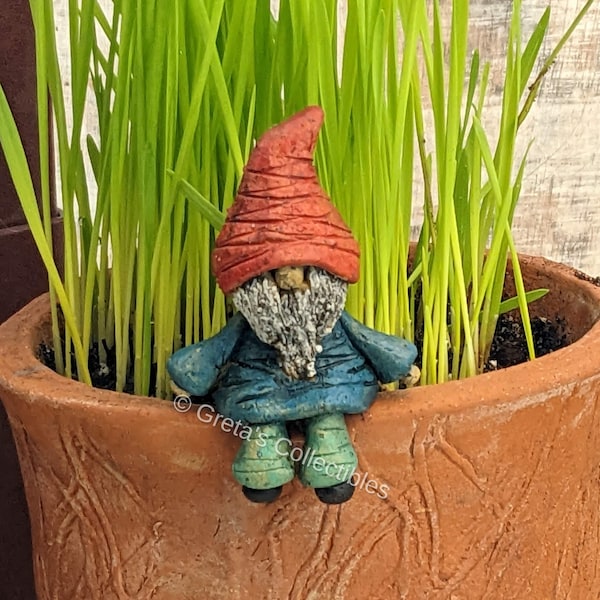 Gnome Plant Buddy, Sitting Gnome, Garden Art, Plant Stake, Tiny Gnome, Whimsical Gnome, Handmade Gnome, Garden Lover's Gift, Garden Gnome