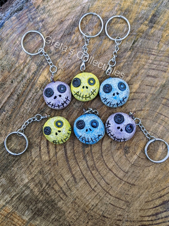 Voodoo Head Keychain, OOAK, Ceramic Voodoo Head, Handmade Pendent, Clay Voodoo Head, Keychain, Button Eyes, Stitched Mouth, Stocking Stuffer