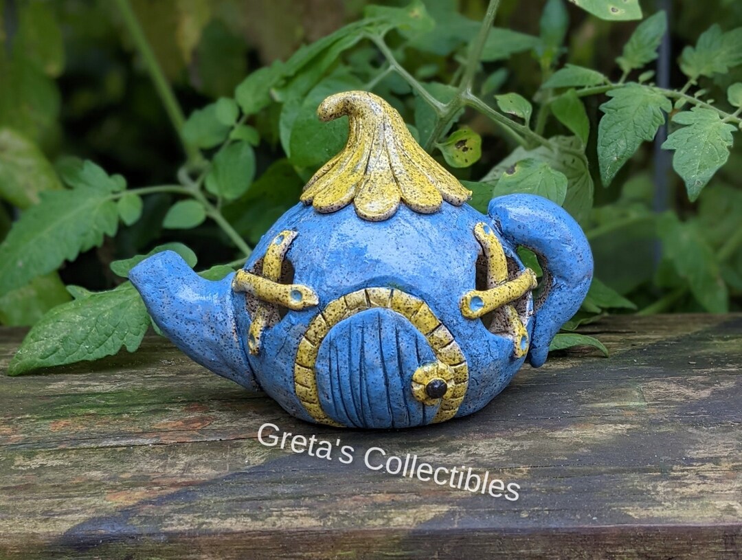 Teapot Fairy House, OOAK, Tealight Fairy House, Blue and Yellow Teapot