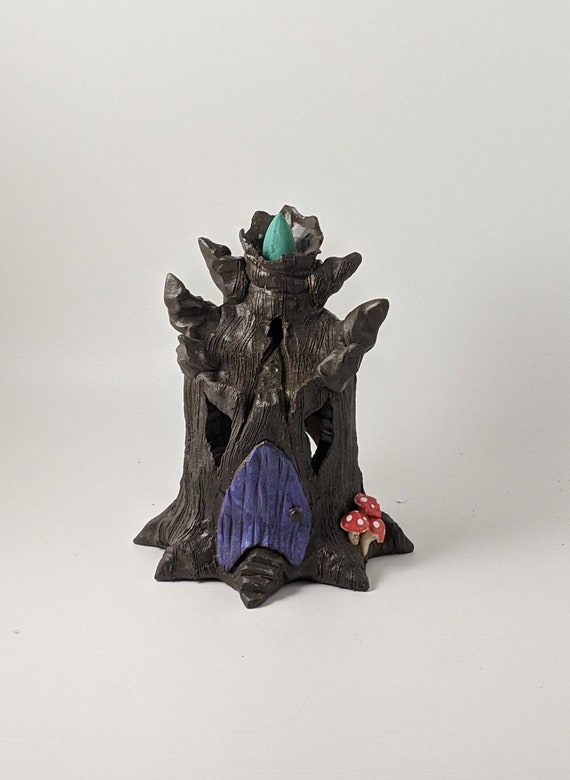 Scary Tree Stump, OOAK, Fairy House, Tealight Holder, Backflow Burner, Ceramic Fairy House, Handmade Tree Stump, Ceramic Tree, Halloween