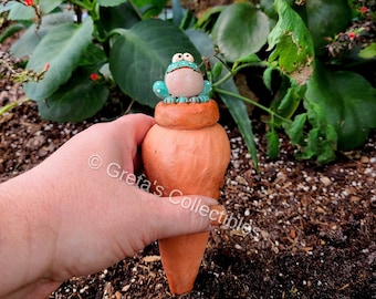 Frog Watering Spike, Olla self watering system, Terracotta Frog, Garden Decor, Fairy Garden Art, Yard Art, OOAK, Plant Lover's Gift