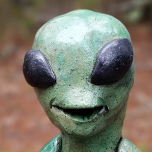 May include: Close-up of a green alien figurine with black eyes and a toothy smile. The figurine is made of a textured material and has a painted finish.