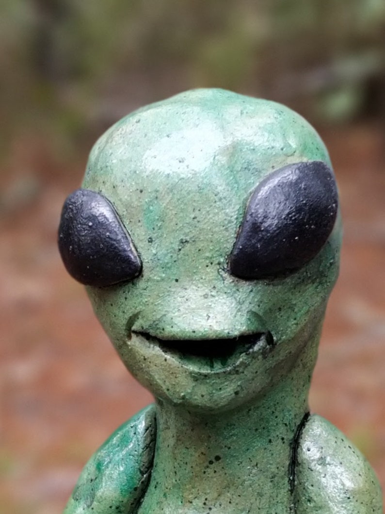 May include: Close-up of a green alien figurine with black eyes and a toothy smile. The figurine is made of a textured material and has a painted finish.