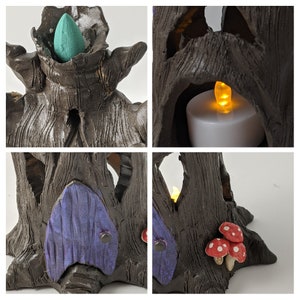 May include: A ceramic tree sculpture with three openings, two with purple doors and one with a teal cone. The tree has a textured surface and is decorated with small red mushrooms.