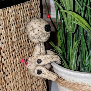 May include: A beige voodoo doll with black speckles, black button eyes, and a stitched mouth. A red pin is in the head, and a pink pin is in the arm. The doll is posed near a white pot with green plants.