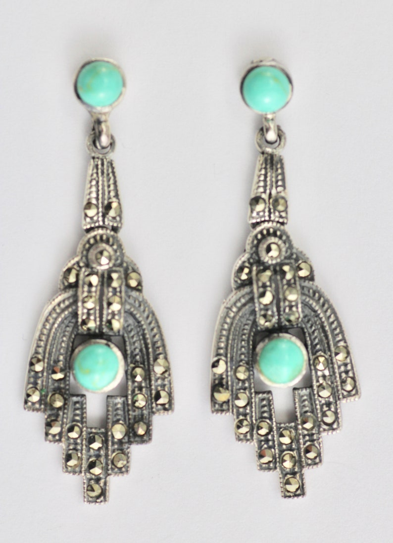 Victorian Style Turquoise /& Marcasite Drop Earrings 925 Sterling Silver