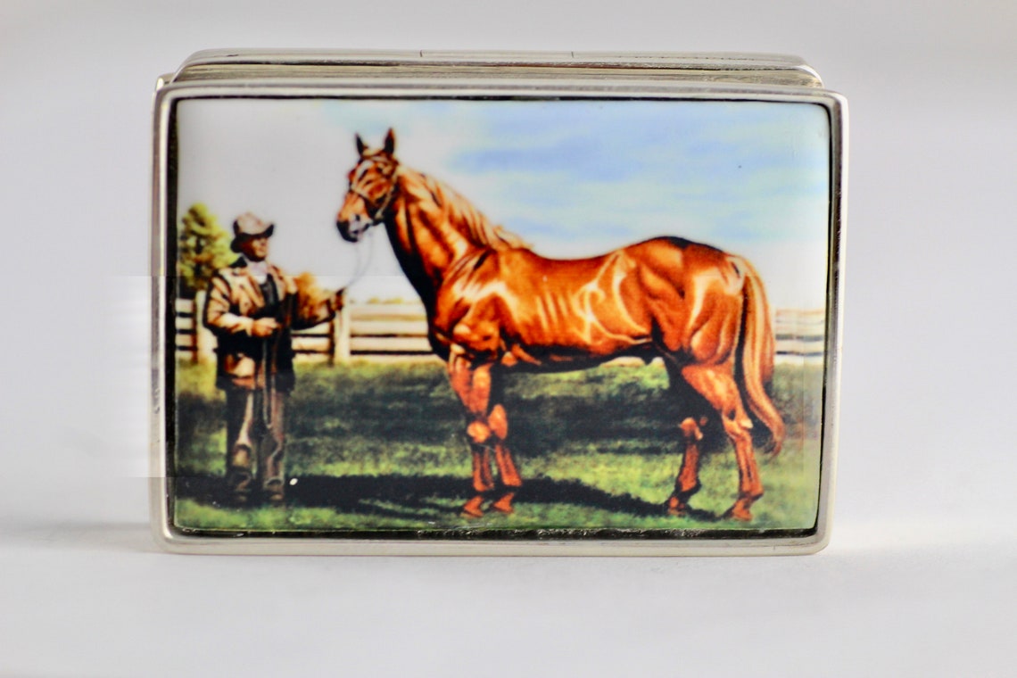 Large Victorian Style Enamel Pill Box Of Thoroughbred Horse Etsy