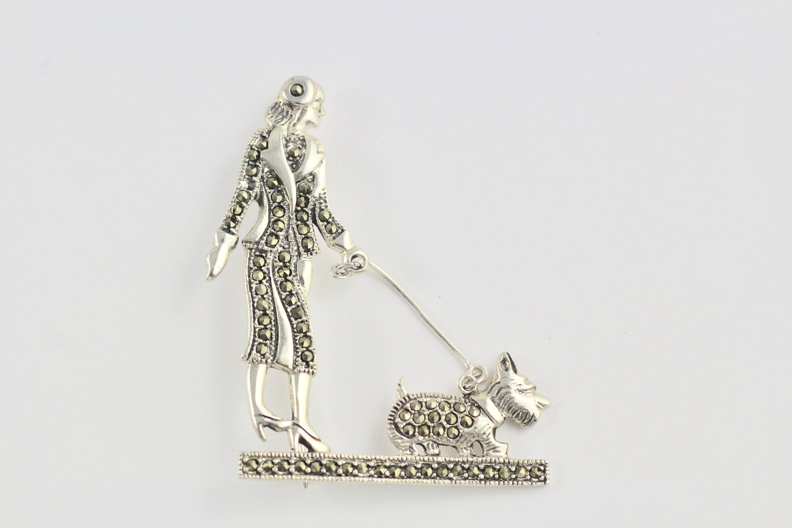 Art Deco Inspired Lady Walking A Dog Brooch With Marcasite Etsy