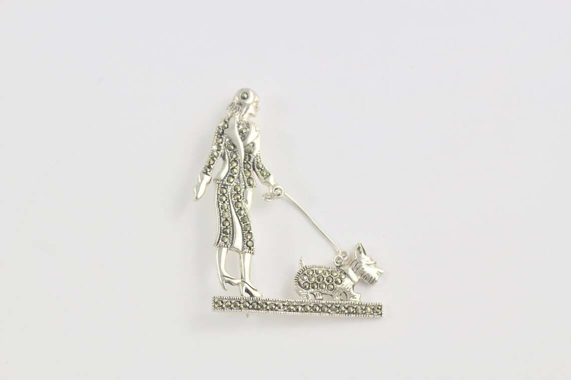 Art Deco Inspired Lady Walking A Dog Brooch With Marcasite Etsy