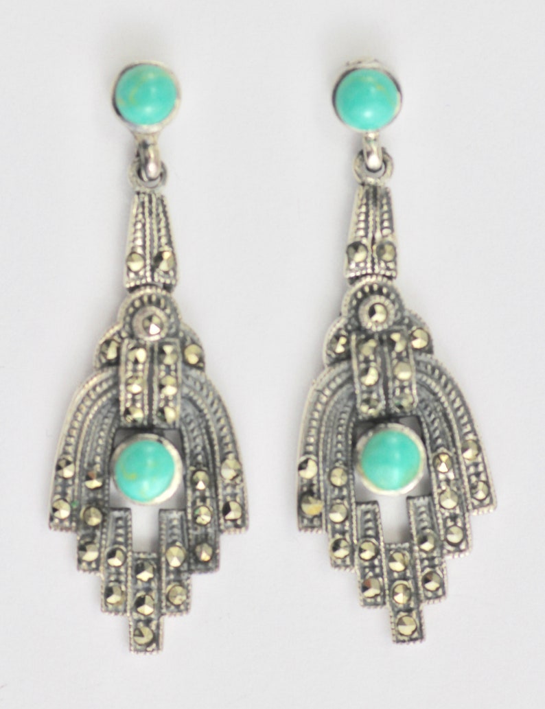 Victorian Style Turquoise /& Marcasite Drop Earrings 925 Sterling Silver