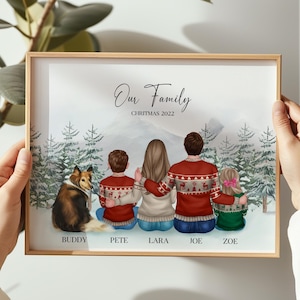 Arte de parede personalizada para impressão de família de Natal Retrato de desenho animado de família Decoração de casa de Natal para família Presente de Natal Ilustração de família