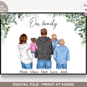 Arte de pared imprimible familiar personalizado / Retrato de dibujos animados digitales / Decoración del hogar familiar / Ilustración familiar de regalo de recuerdo