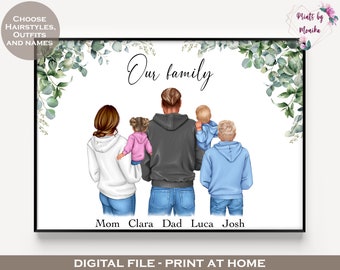 Personalised Family Printable Wall Art | Digital Cartoon Portrait | Family home decor | Keepsake gift family illustration