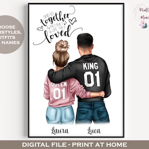 Día de San Valentín personalizado Arte mural imprimible / Retrato de dibujos animados digitales / Decoración del hogar de pareja / Tarjeta de aniversario