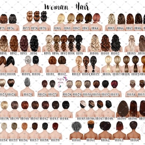 Pu&ograve; includere: Un grafico con 64 diversi stili di capelli per donne, ogni acconciatura &egrave; etichettata con un numero. Le acconciature sono tutte viste da dietro e sono disposte in righe. Le acconciature includono stili lunghi, corti, ricci, lisci e intrecciati.