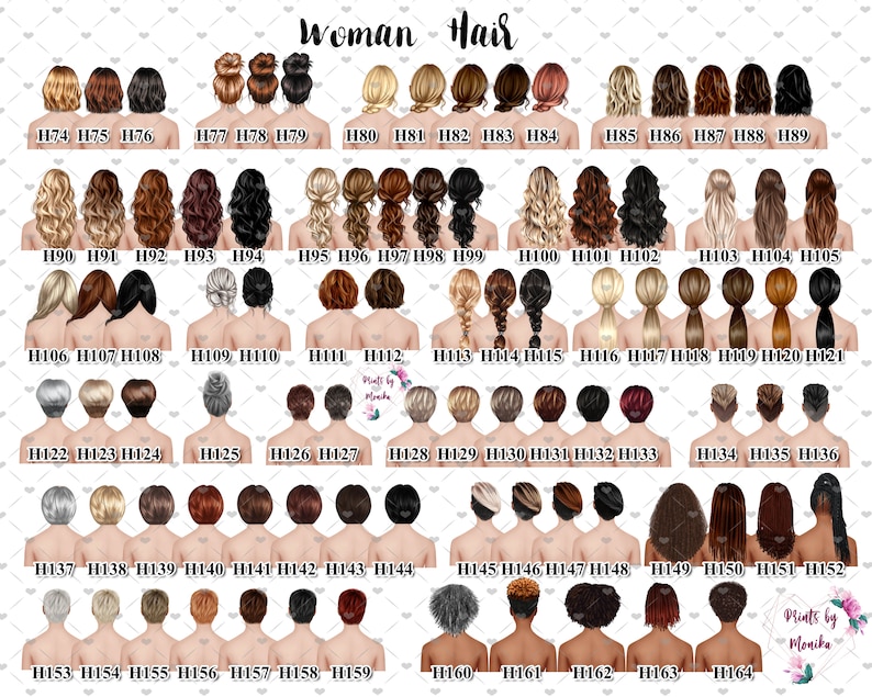 Pu&ograve; includere: Un grafico con 64 diversi stili di capelli per donne, ogni acconciatura &egrave; etichettata con un numero. Le acconciature sono tutte viste da dietro e sono disposte in righe. Le acconciature includono stili lunghi, corti, ricci, lisci e intrecciati.