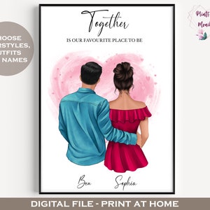 Gepersonaliseerde Valentijnsdag Afdrukbare kunst aan de muur | Digitale Cartoon Portret | Paar home decor | Jubileumkaart