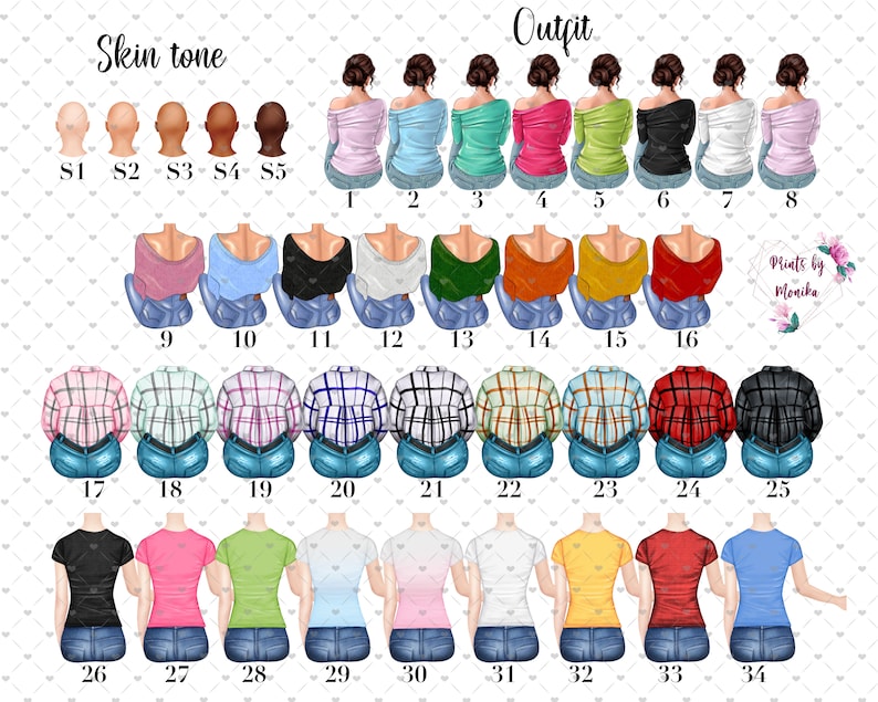 Pu&ograve; includere: Un grafico con 34 diverse combinazioni di outfit e tonalit&agrave; della pelle per creare avatar personalizzati. Il grafico include una variet&agrave; di stili di abbigliamento, tra cui camicie, maglioni e jeans. Le tonalit&agrave; della pelle vanno dal chiaro al scuro.