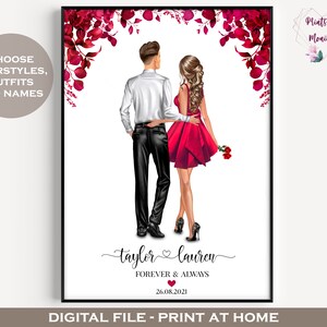 Día de San Valentín Arte de pared imprimible Caricatura digital Retrato de pareja Personalizado Decoración del hogar de pareja Tarjeta de aniversario del día de San Valentín