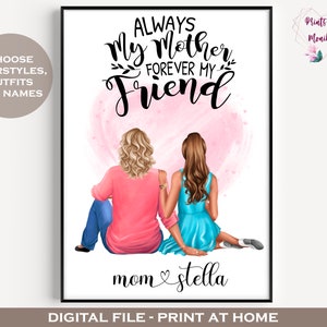 Arte de parede personalizada para impressão de mãe e filha | cartão de dia das mães | Sempre minha mãe para sempre minha amiga