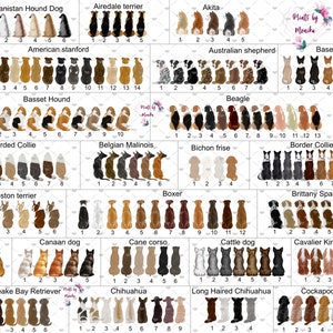 Pu&ograve; includere: Un grafico con illustrazioni di diverse razze di cani, ogni razza &egrave; mostrata con 6-14 diverse varianti di colore. Il grafico &egrave; intitolato "Prints by Monika".