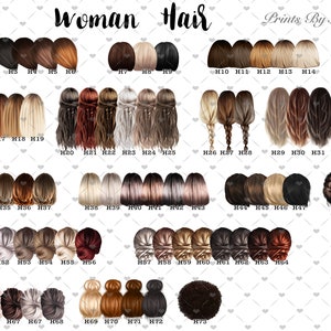 Pu&ograve; includere: Un grafico di 73 diversi stili di capelli per donne. Le acconciature sono numerate e contrassegnate con la lettera "H" seguita da un numero. Le acconciature includono trecce, chignon, code di cavallo e altri stili.