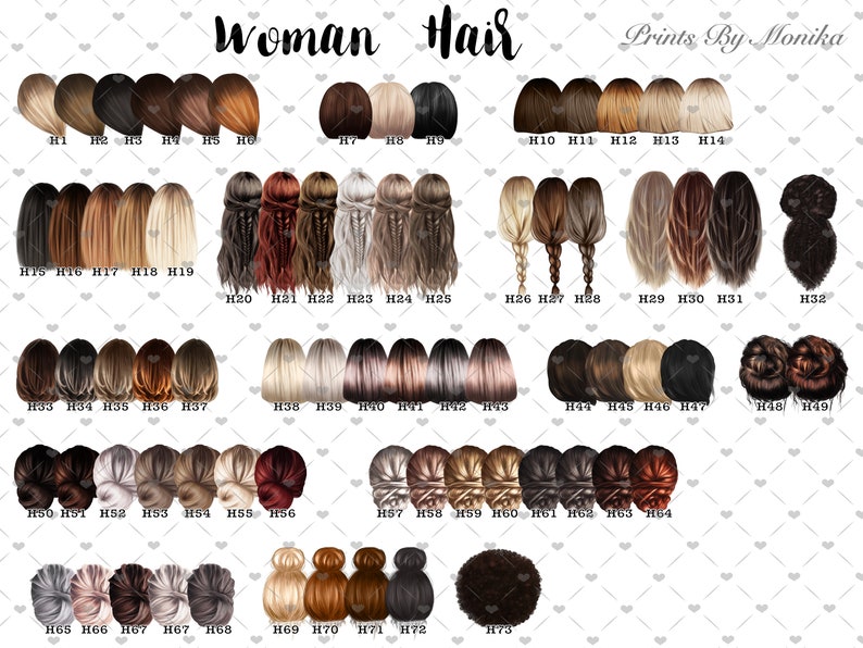 Pu&ograve; includere: Un grafico di 73 diversi stili di capelli per donne. Le acconciature sono numerate e contrassegnate con la lettera "H" seguita da un numero. Le acconciature includono trecce, chignon, code di cavallo e altri stili.