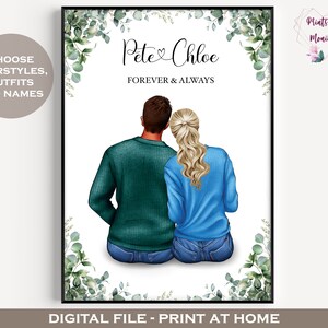 Gepersonaliseerde Valentijnsdag Afdrukbare kunst aan de muur | Digitale Cartoon Portret | Paar home decor | Jubileumkaart Active