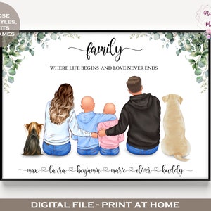 Personalisiertes Familienbild zum Ausdrucken mit Hunden | Digitales Cartoon Portrait | Familien deko | Andenken Geschenk Familie Illustration