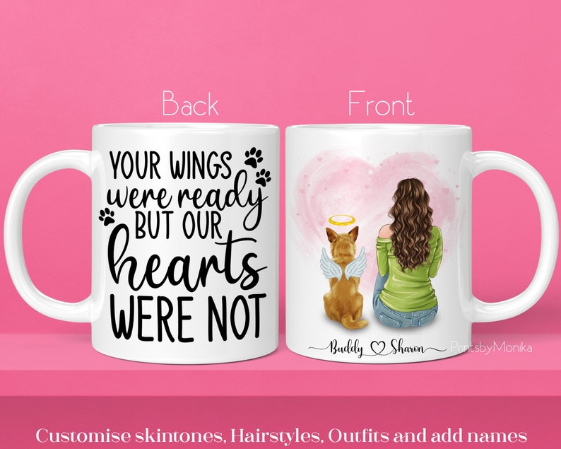 Pu&ograve; includere: Tazza in ceramica bianca con una grafica nera che recita "Le tue ali erano pronte ma i nostri cuori no". Il retro della tazza presenta una donna con lunghi capelli castani seduta con un cane con ali d'angelo. La parte anteriore della tazza ha un cuore rosa con il testo "Buddy Sharon" e "PrintsbyMonika".