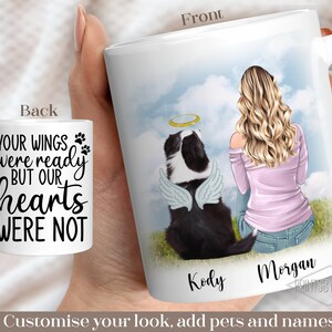 Pu&ograve; includere: Tazza in ceramica bianca con un'illustrazione in bianco e nero di una donna e un cane con ali d'angelo. Il testo "Your wings were ready but our hearts were not" &egrave; sul retro della tazza. Il testo "Kody" e "Morgan" &egrave; sul davanti della tazza.